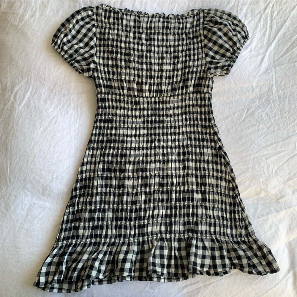 Doen Rizzo Linen Smocked Boat Neck Short Puff Sleeve Mini Dress Marilyn Gingham - Picture 11 of 15